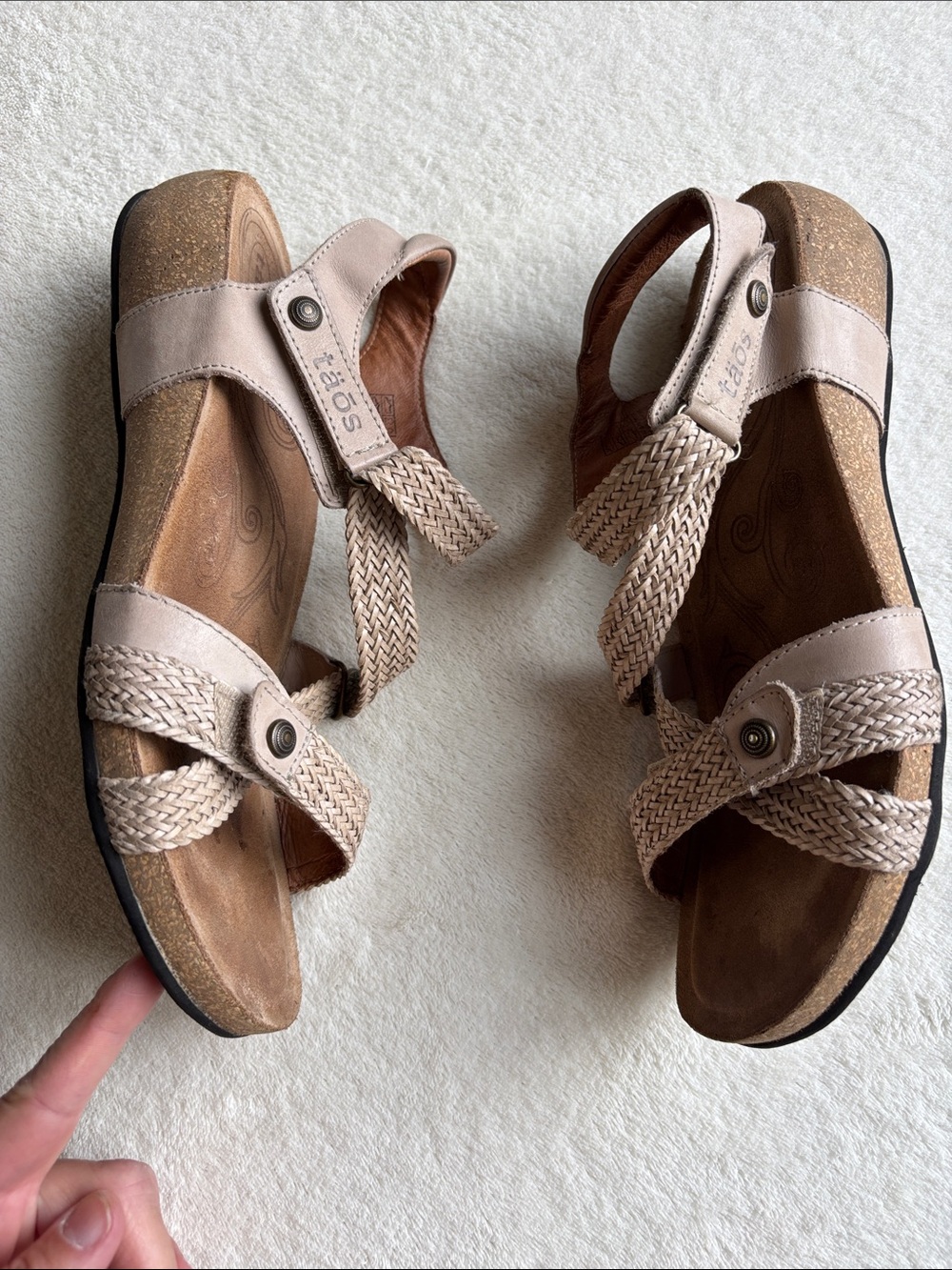 Taos Trulie Sandals Women's 10 Beige Tan Leather Strappy Braided Wedge Cork - Picture 4 of 8